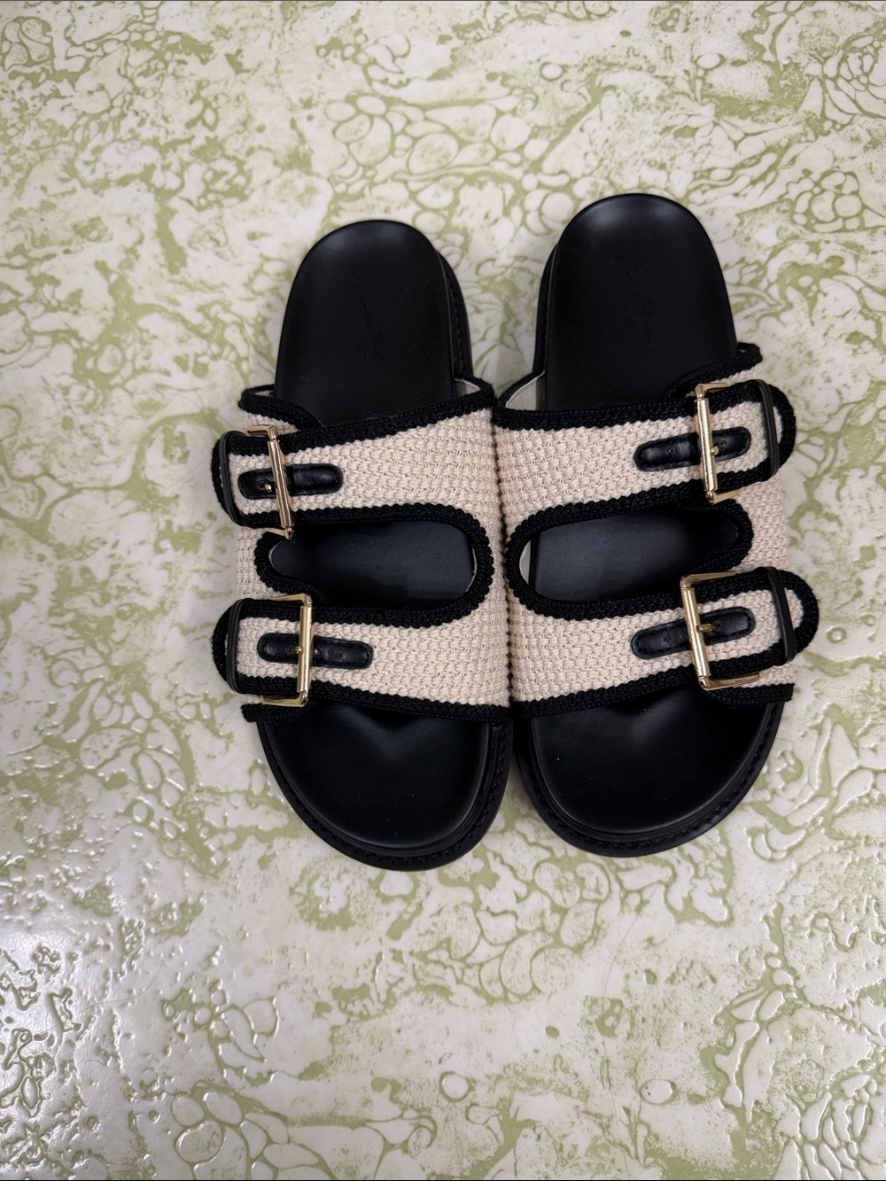 Woven Double-Buckle Slide Sandals - Black & Cream- Universal thread